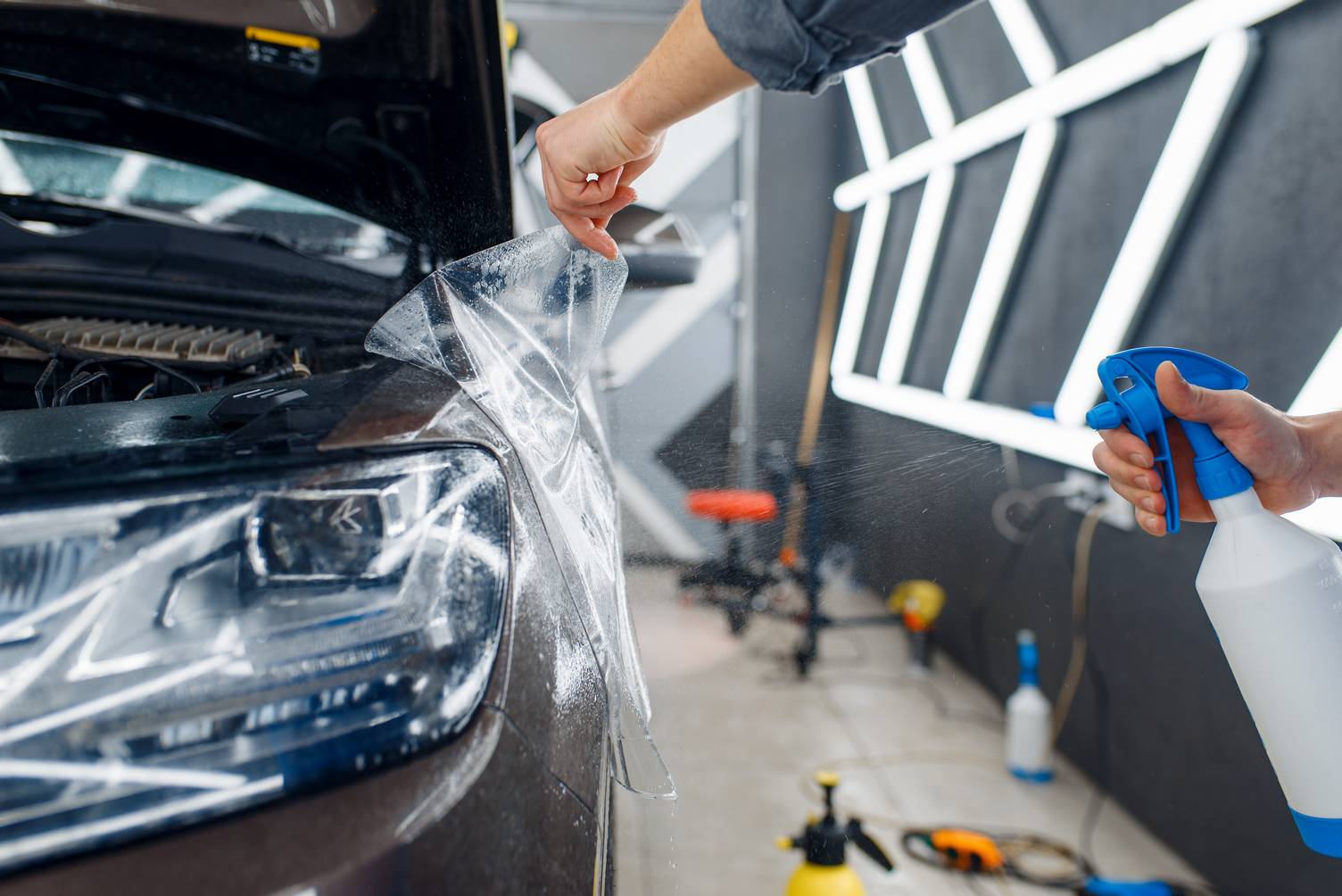 Male worker applies car protection film on front fender. Installation of coating that protects the paint of automobile from scratches. New vehicle in garage, tuning